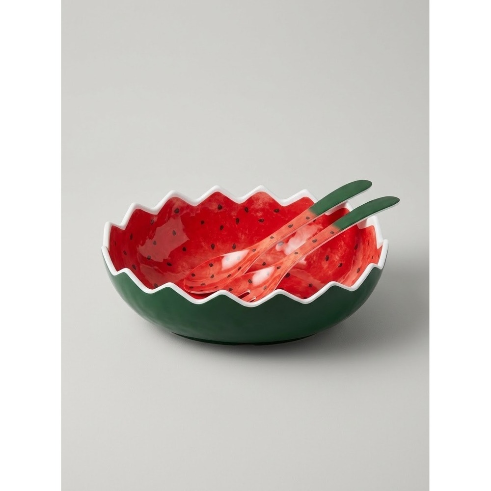 Novogratz Watermelon Melamine Salad Bowl Set with Servers Red Green Scalloped
